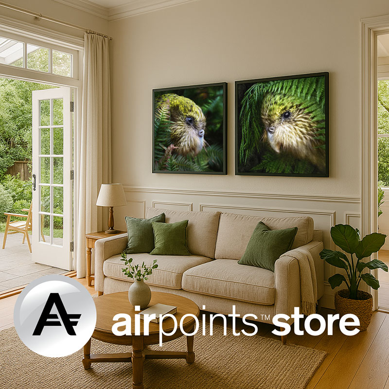 Living room with great indoor outdoor flow, decorated in cream and green with large prints of kakapo parrots on the wall