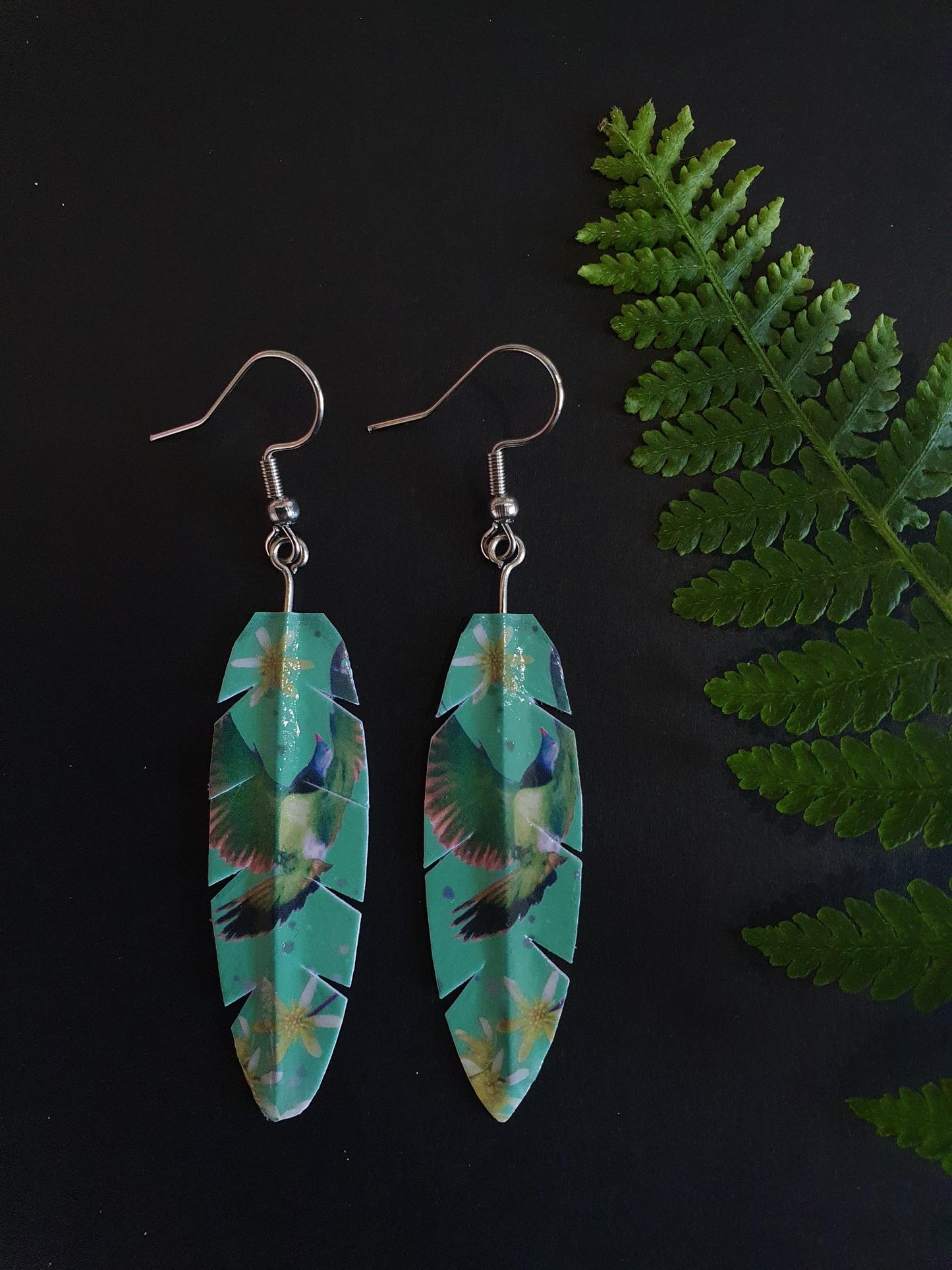 Kereru feather earrings made with washi tape by Judi Lapsley Miller