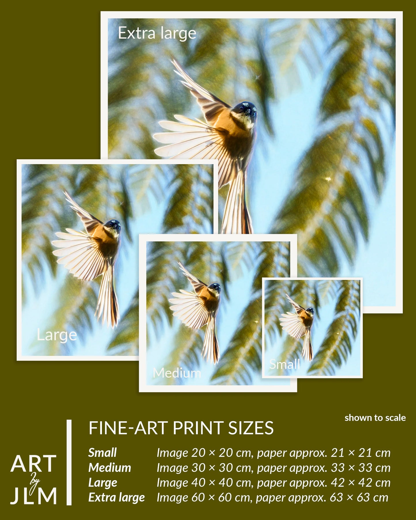 Fine-art print sizes of a bird with leafy background