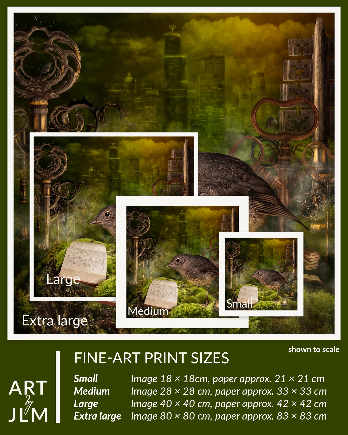Fine-art print sizes displayed with a fantasy-themed background featuring keys and a bird.