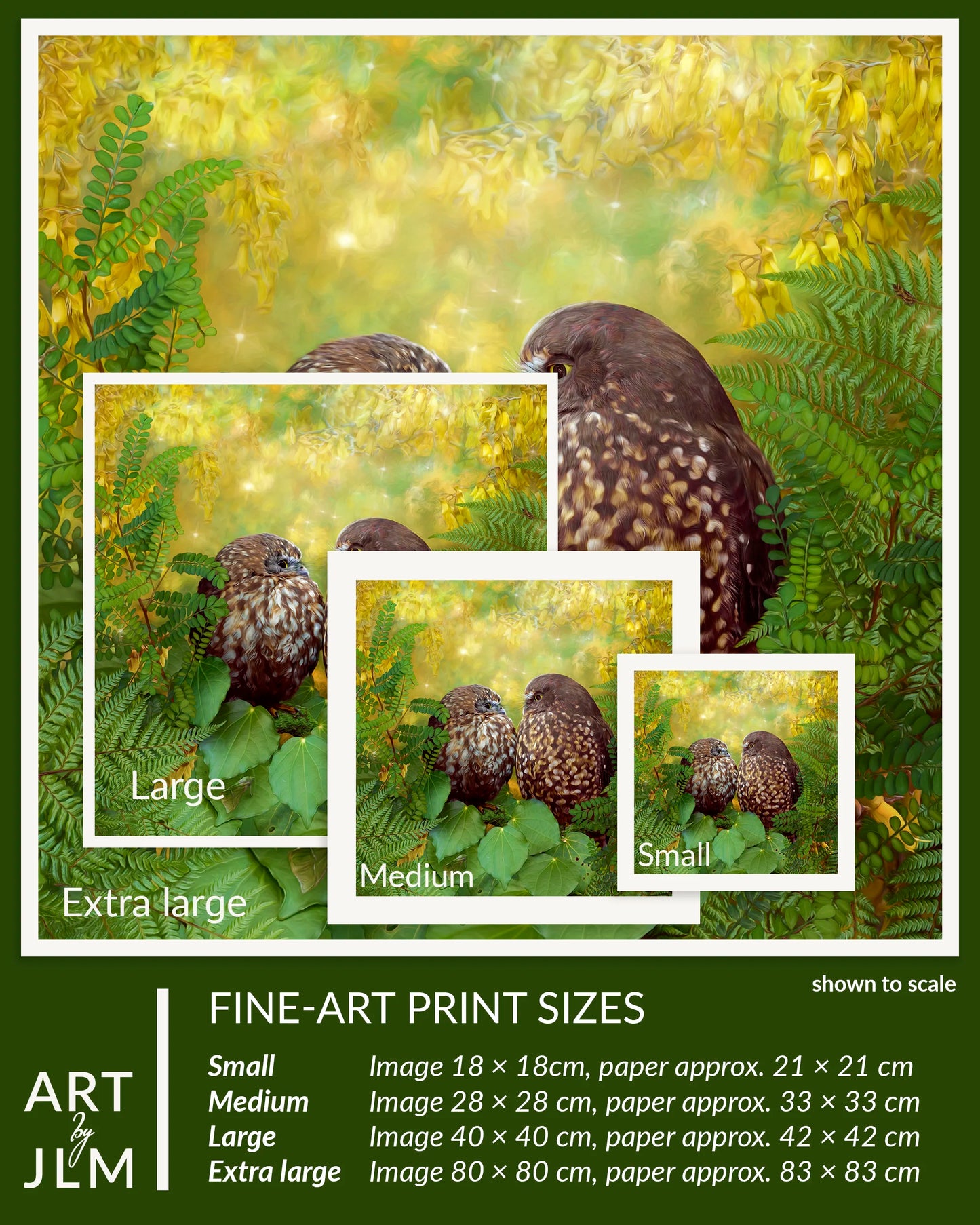 Fine-art print sizes of a bird in a natural setting with scale indicators.