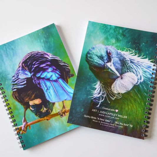 front and back covers of Judi's Quirky Bird notebooks