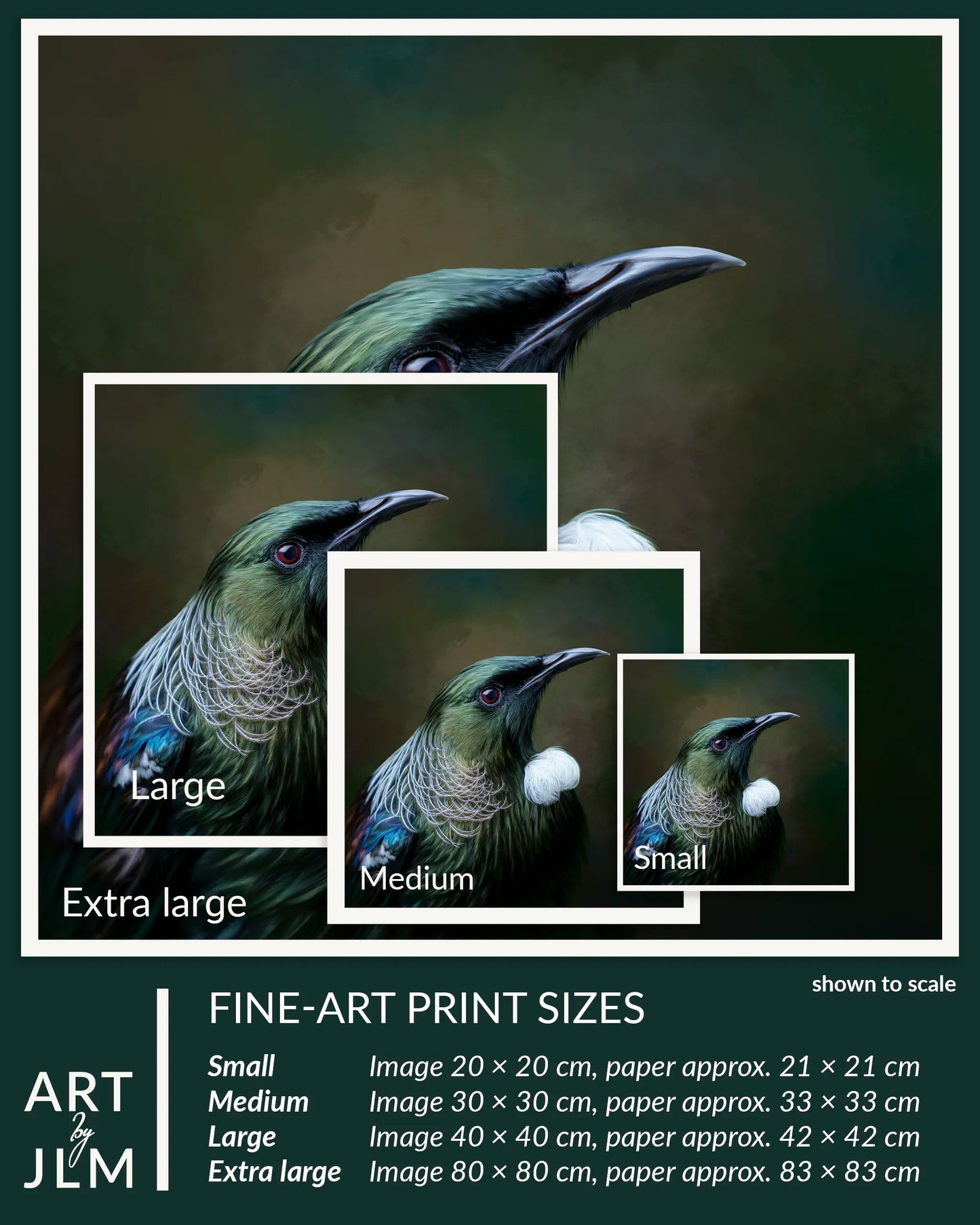 prints of a tui painting shown at different sizes for comparison