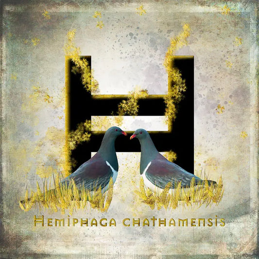 Artwork with large H character and two pigeons