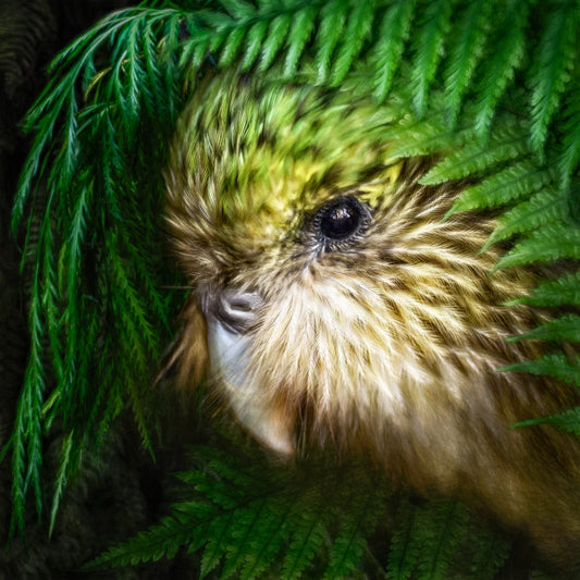 A sweet kakapo peers out from under a fern-artwork by Judi