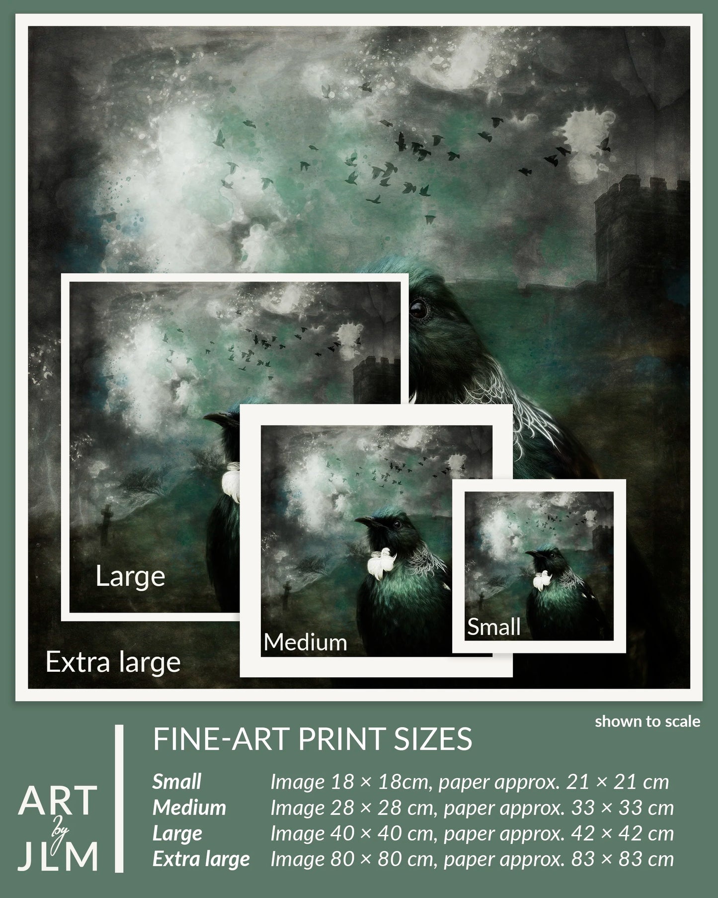 Artistic depiction of a landscape with birds and text indicating fine-art print sizes.