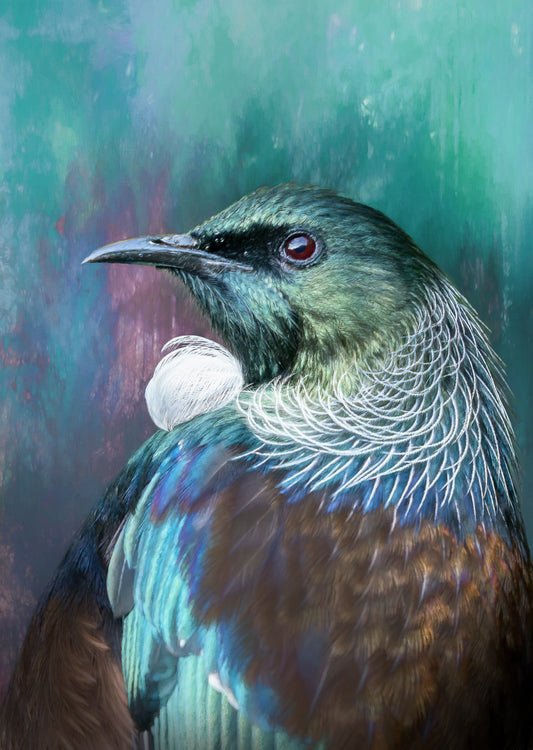 A close-up artistic portrait of a tui bird with iridescent teal, blue, green, brown, and white feathers against a textured teal and purple painted background.
