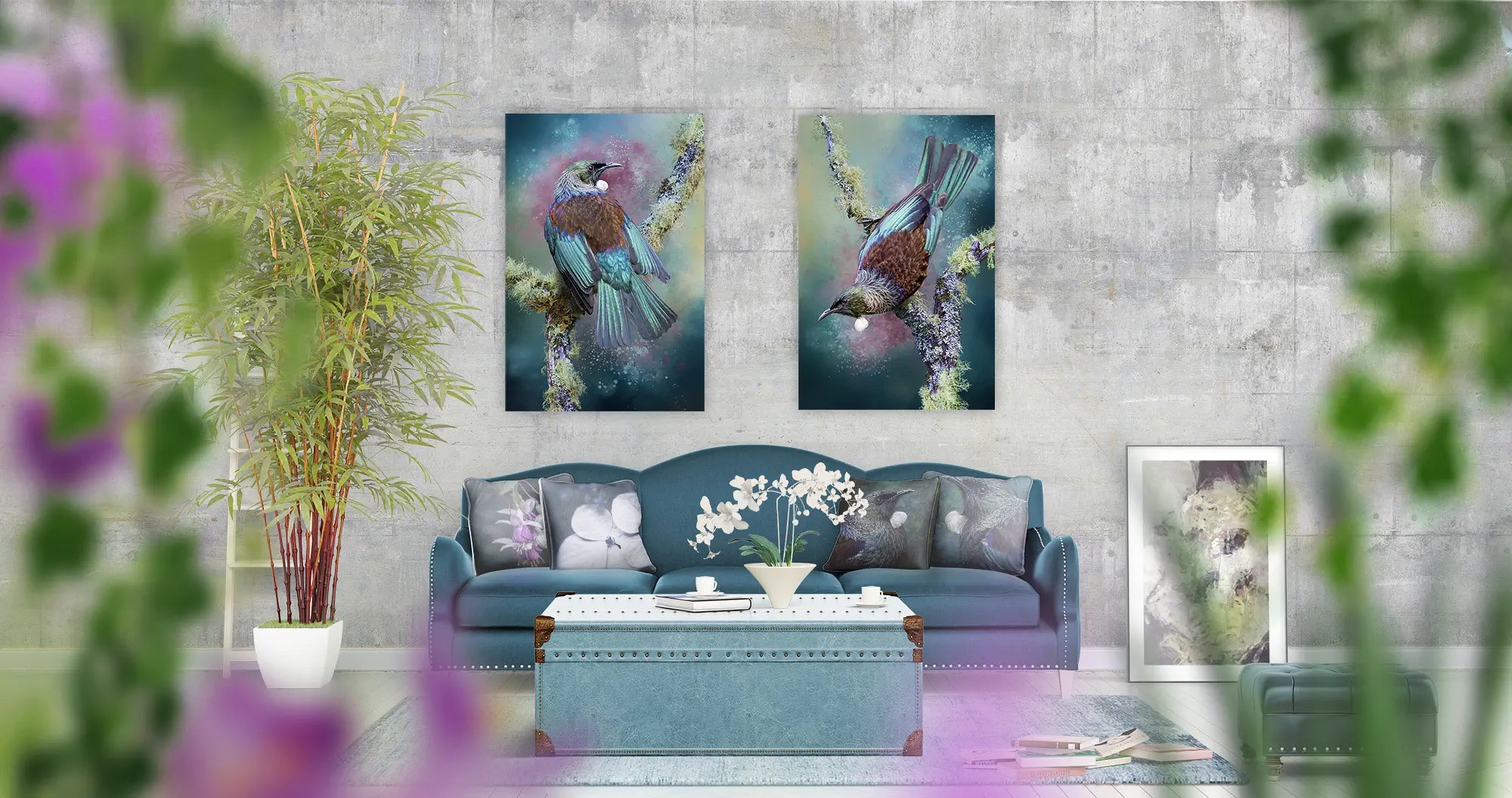 tui artworks in a living room, the tui are perched on lichened branches and are in hues of aqua and purple