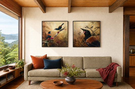 Two framed tīeke saddleback bird paintings displayed side-by-side on a beige wall above a gray sofa in a modern, sunlit living room with wood ceiling beams and a window overlooking a lush green landscape.