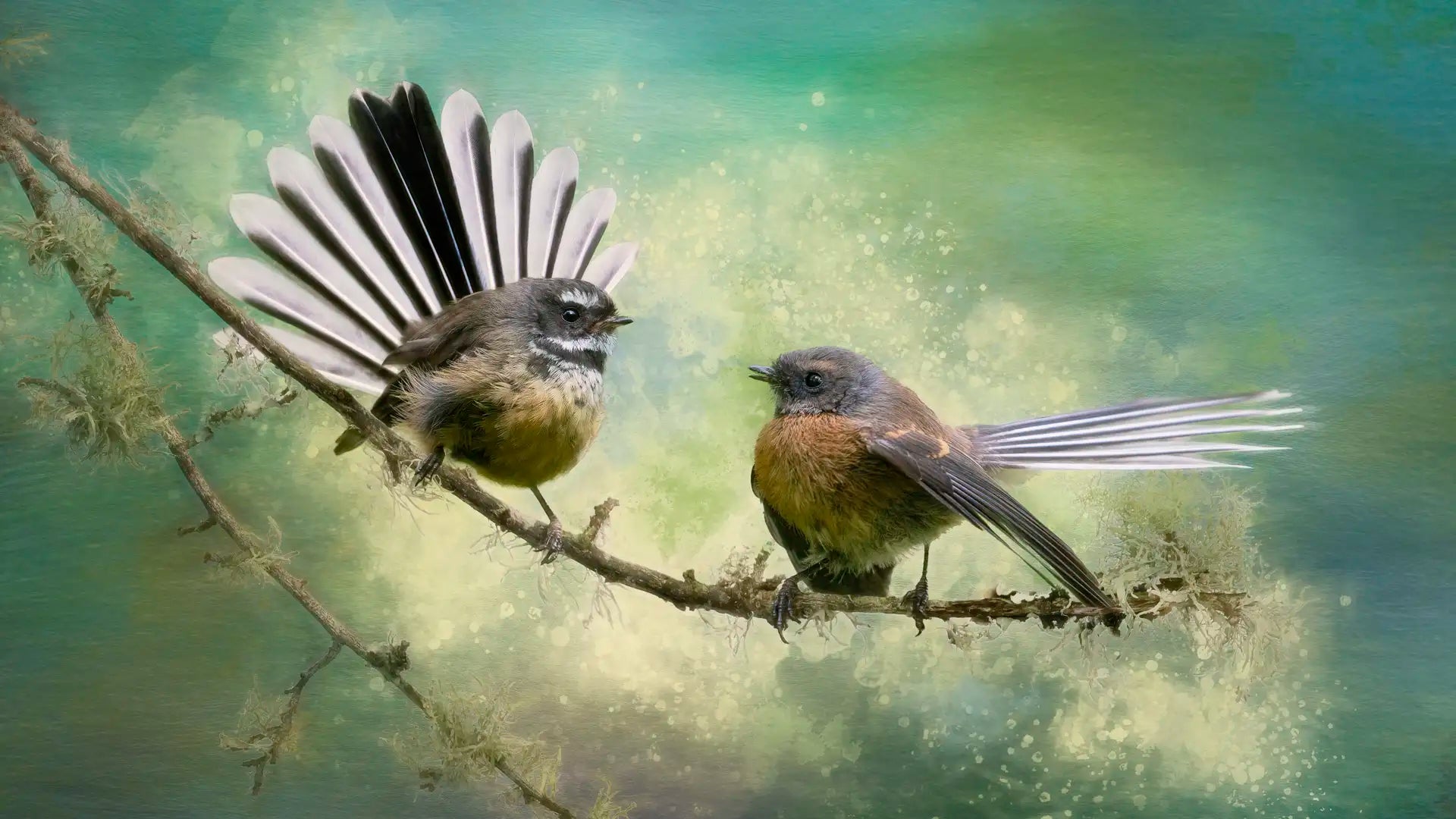 Photo-art of two fantails on a lichened branch