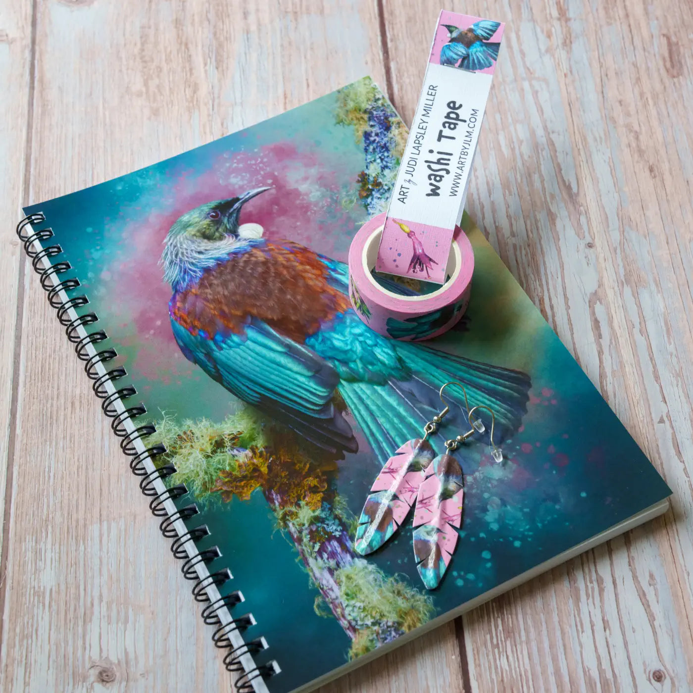 Tui notebook, washi tape and earrings