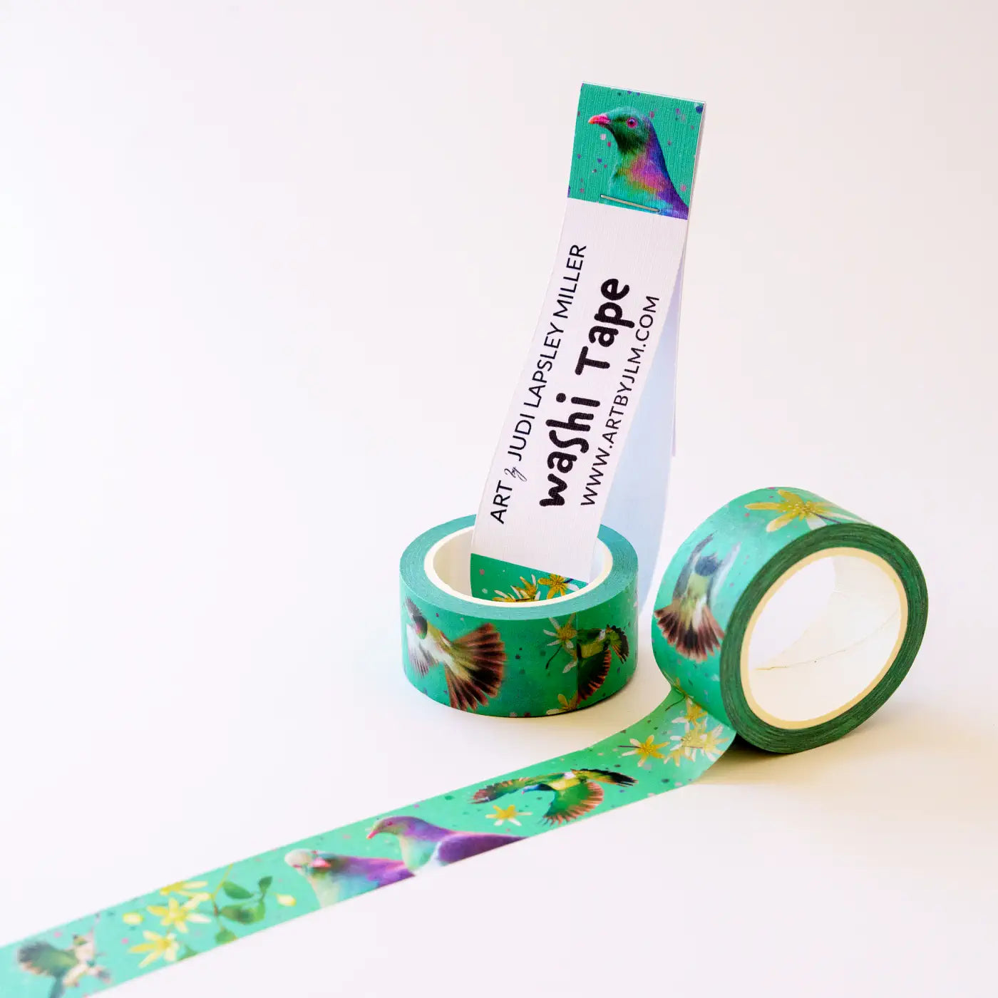 Kereru washi tape with a matcha green background