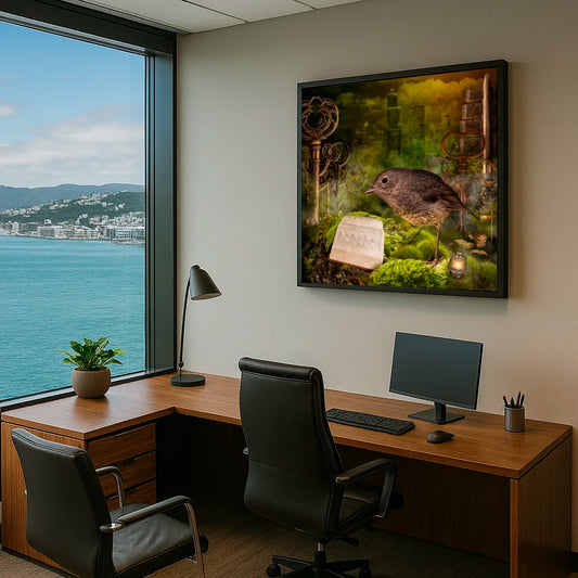surreal artwork of a bird reading a book on an office wall with a harbour view