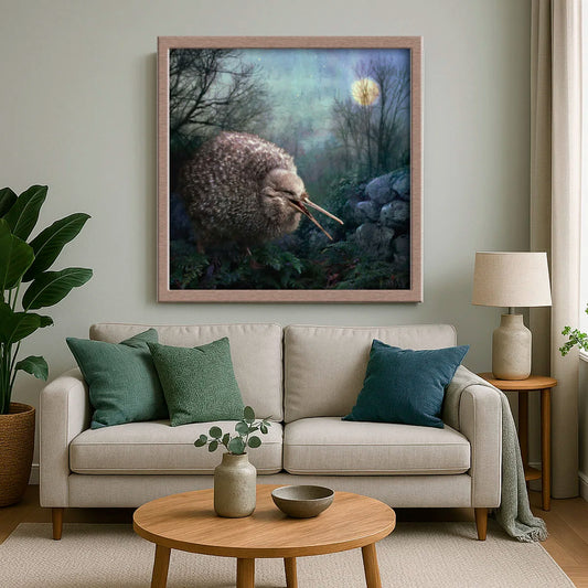 kiwi artwork on a living room wall