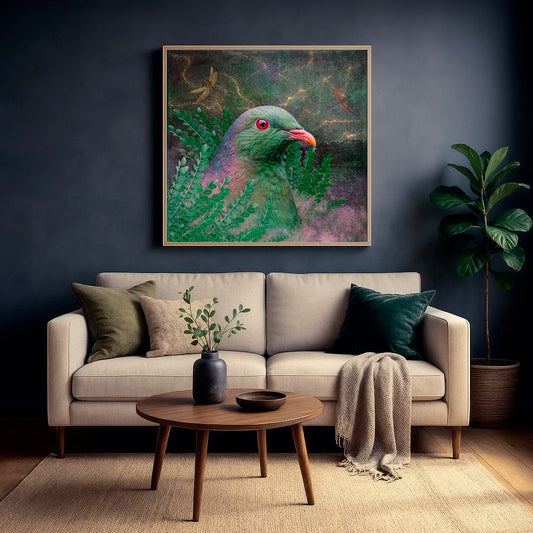 kereru artwork in a moody lounge