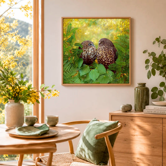 Ruru owl artwork in a dining room