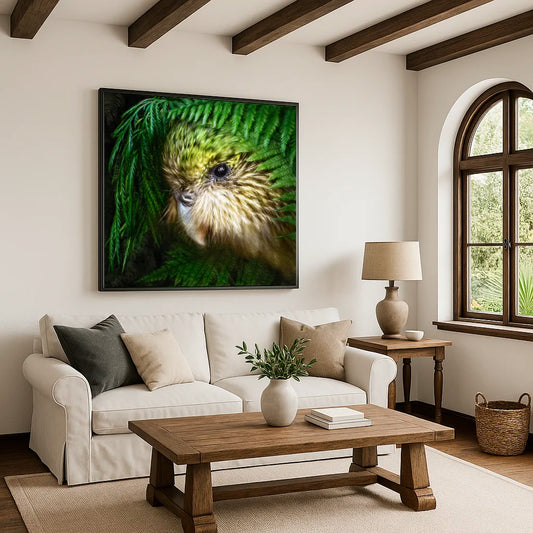 kakapo artwork in a chapman-trip inspired lounge