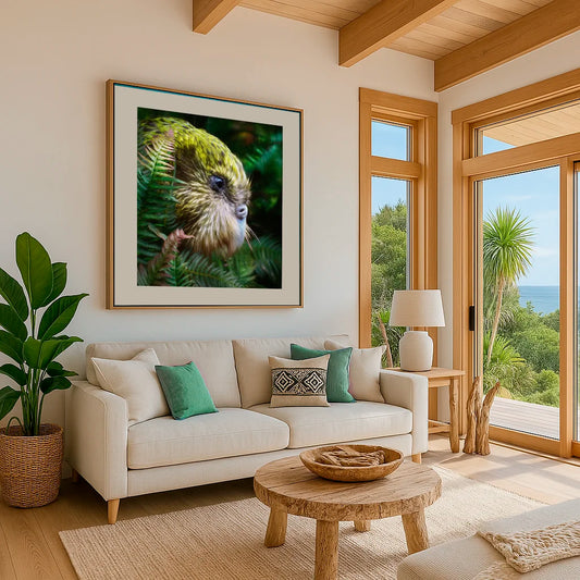 kakapo artwork in a contemporary kiwi bach