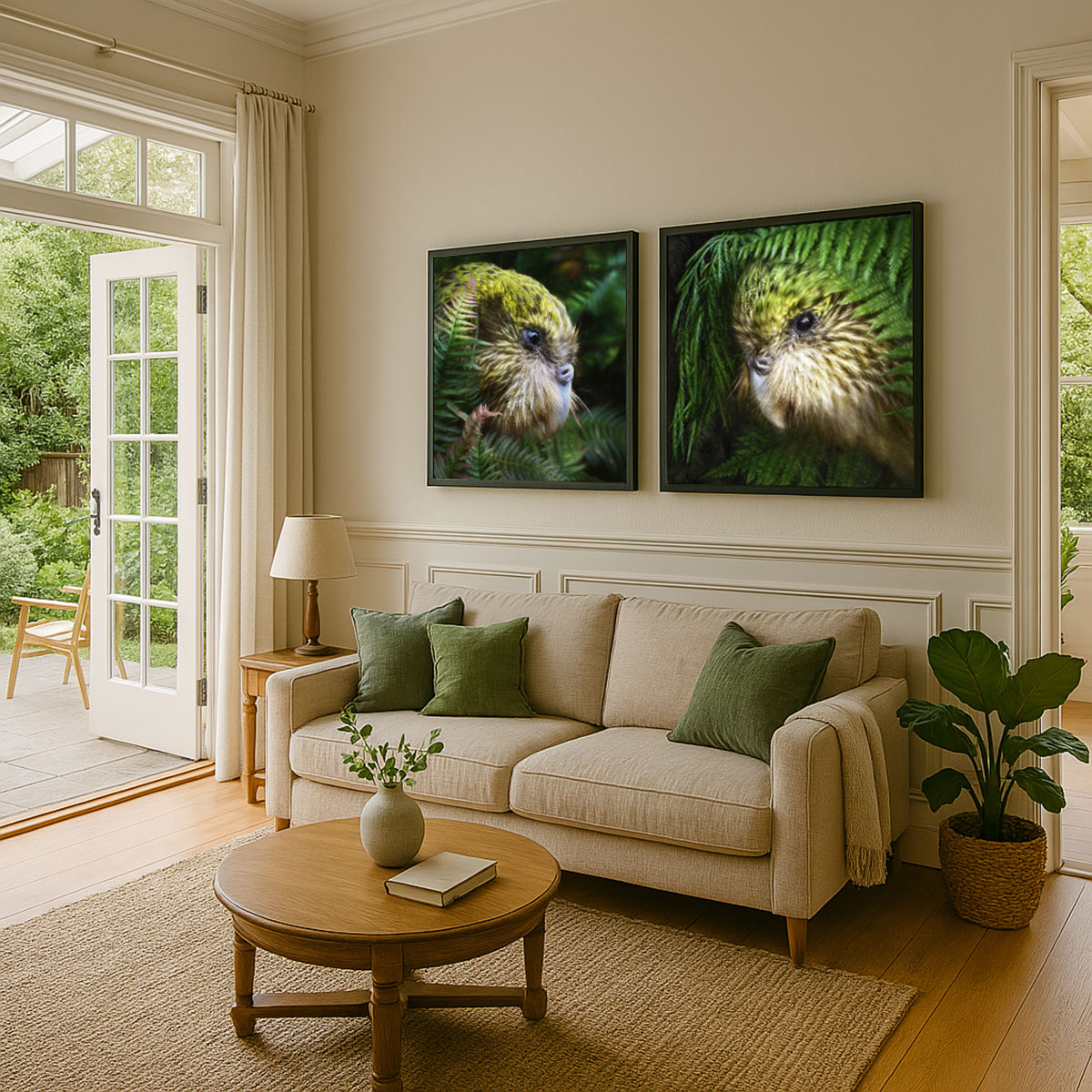 NZ villa living room with two kakapo artworks on the wall above a sofa. The kakapo art is by Judi Lapsley Miller