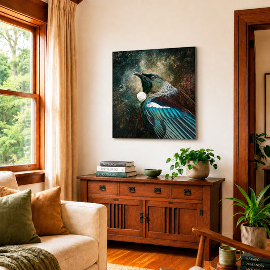 Living room with a painting of a bird on the wall, a wooden cabinet, and a window.