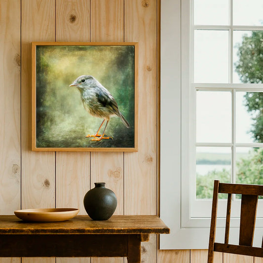 Framed artwork of a bird on a wooden wall above a table with decorative items.