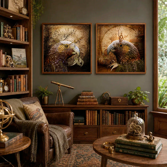 Cozy living room with bookshelves, a sofa, and decorative items including framed animal portraits.