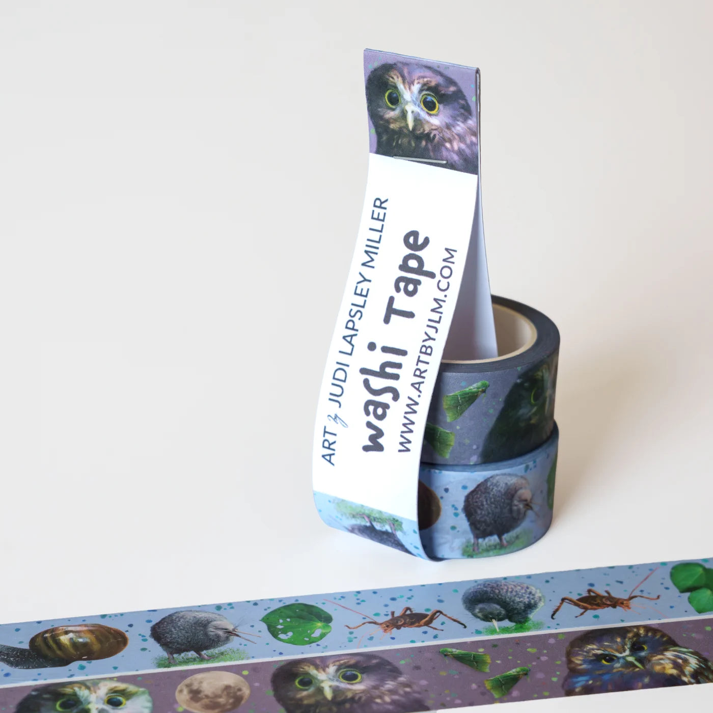 Kiwi and ruru owl night-themed washi tape