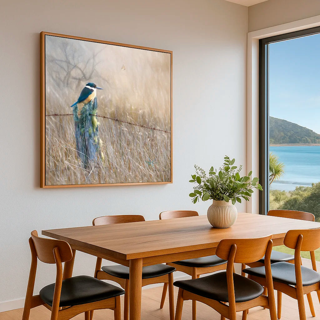 Dining room with wooden table and chairs, framed artwork of a kingfisher kotare on the wall, and a view of water through a window.
