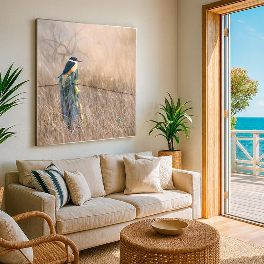 Sacred kingfisher painting in a living room with beige sofa, wicker coffee table, and large window overlooking water.