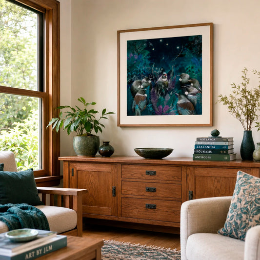 Living room with wooden sideboard, framed artwork, and decorative items.