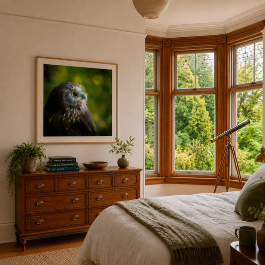 Bedroom with wooden dresser, framed picture of an owl, and large windows overlooking greenery.