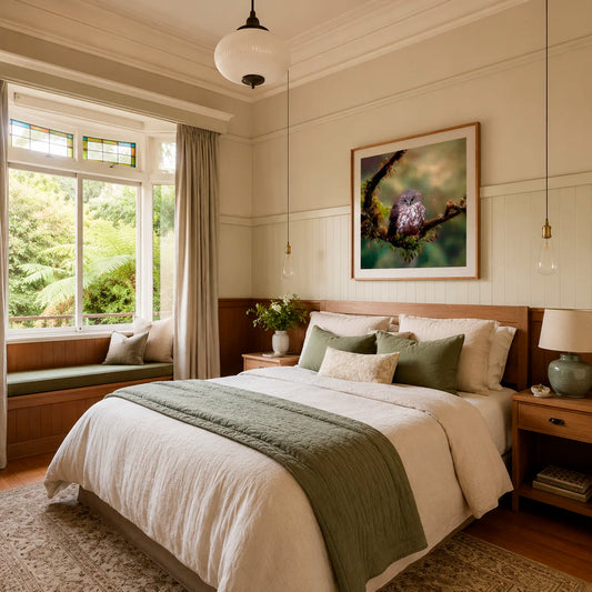 Cozy bedroom with a bed, window seat, and decorative elements. There is a beautiful owl painting on the wall.