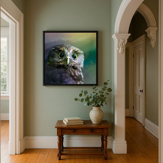 ruru owl artwork in a foyer