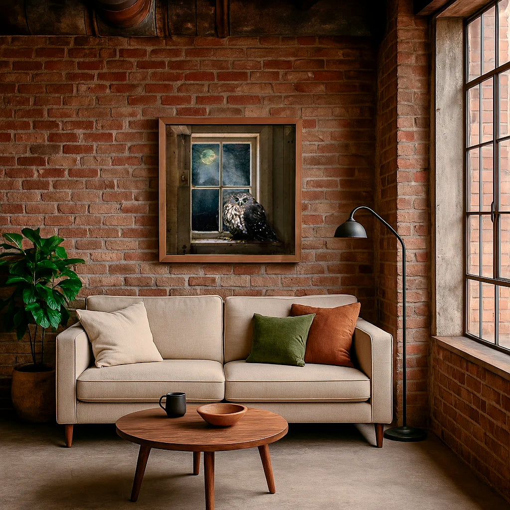 owl artwork in a converted industrial living room