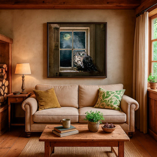 Owl artwowrk in a cozy cottage