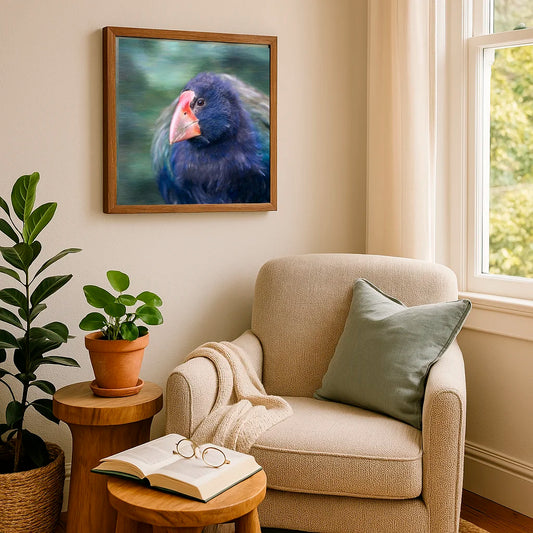 picture of a takahe in a cosy reading nook