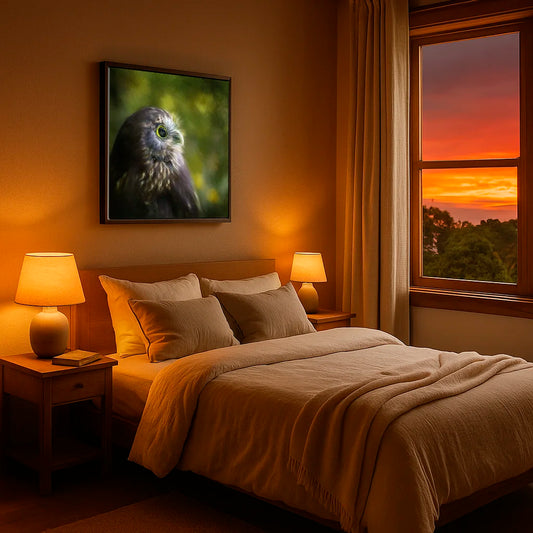 Bedroom with a bed, lamps, and a painting of an owl on the wall.