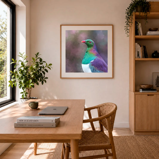 Modern interior with a framed picture of a colorful bird on the wall, a wooden desk with books and a laptop, and a wicker chair.