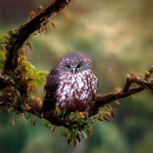 An artwork of a tiny ruru or morepork owl on a ferny branch with soft focus background
