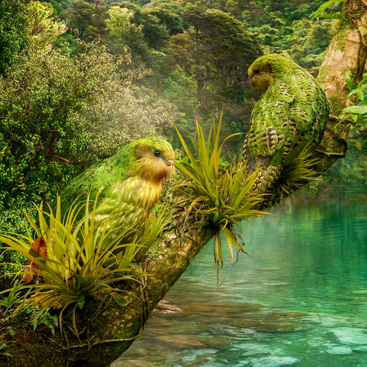 Artwork of two kakapo on a tree branch with a bush and water landscape