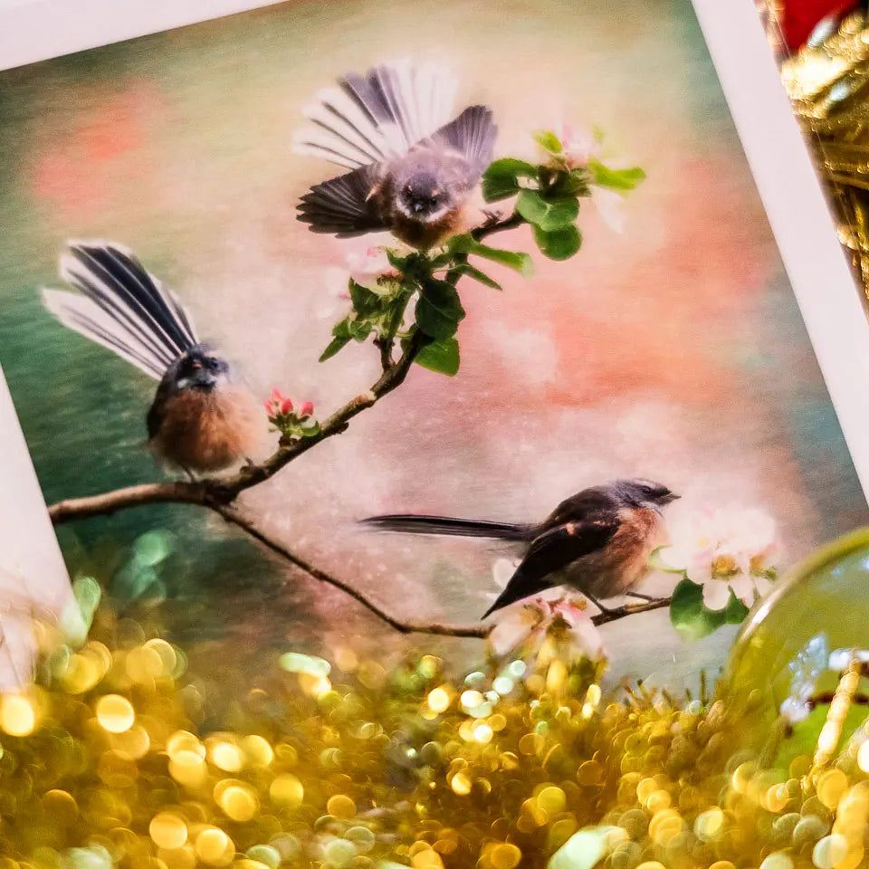 Fineart bird print with Christmas tinsel