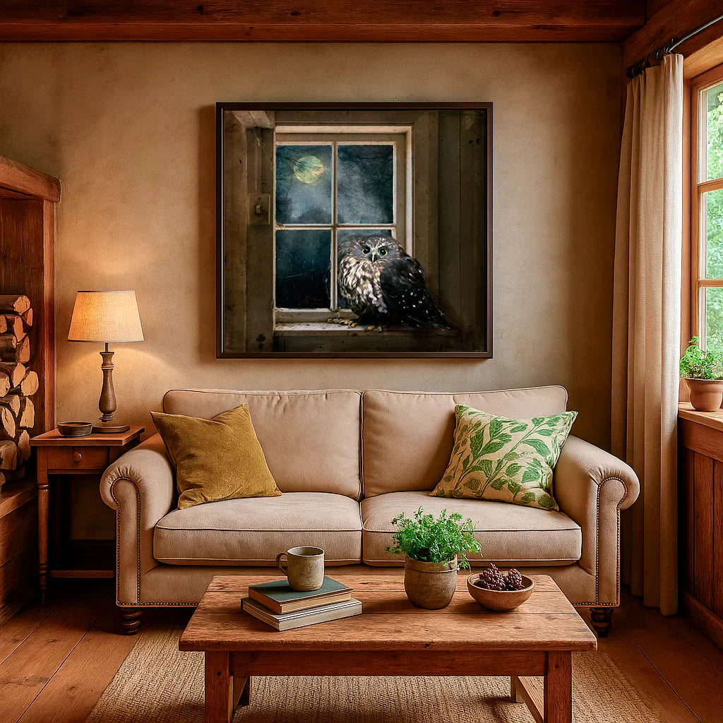 artwork of an owl in a living room