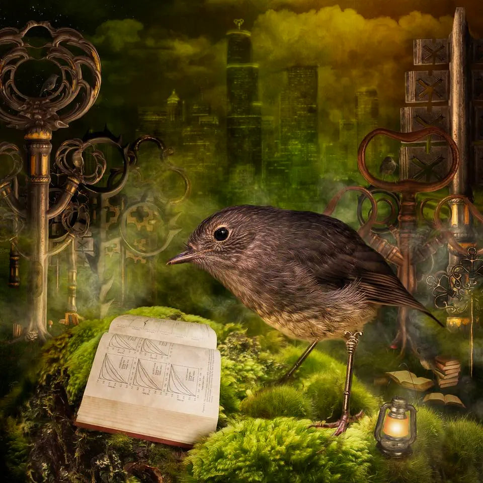 An artwork of a tiny bird reading a book in a surreal forest