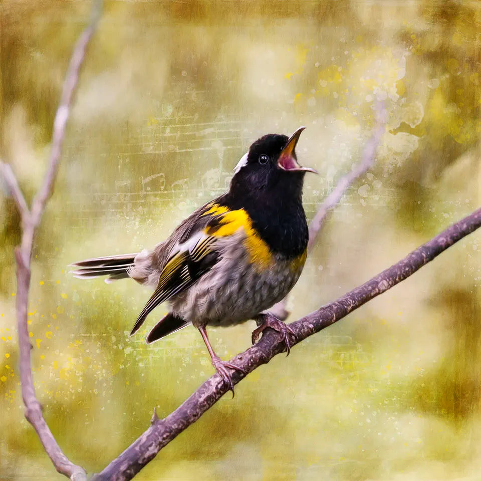 A hihi singing on a branch