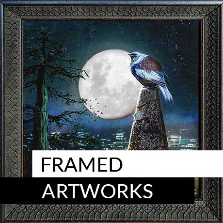Framed artwork of a tui and full moon