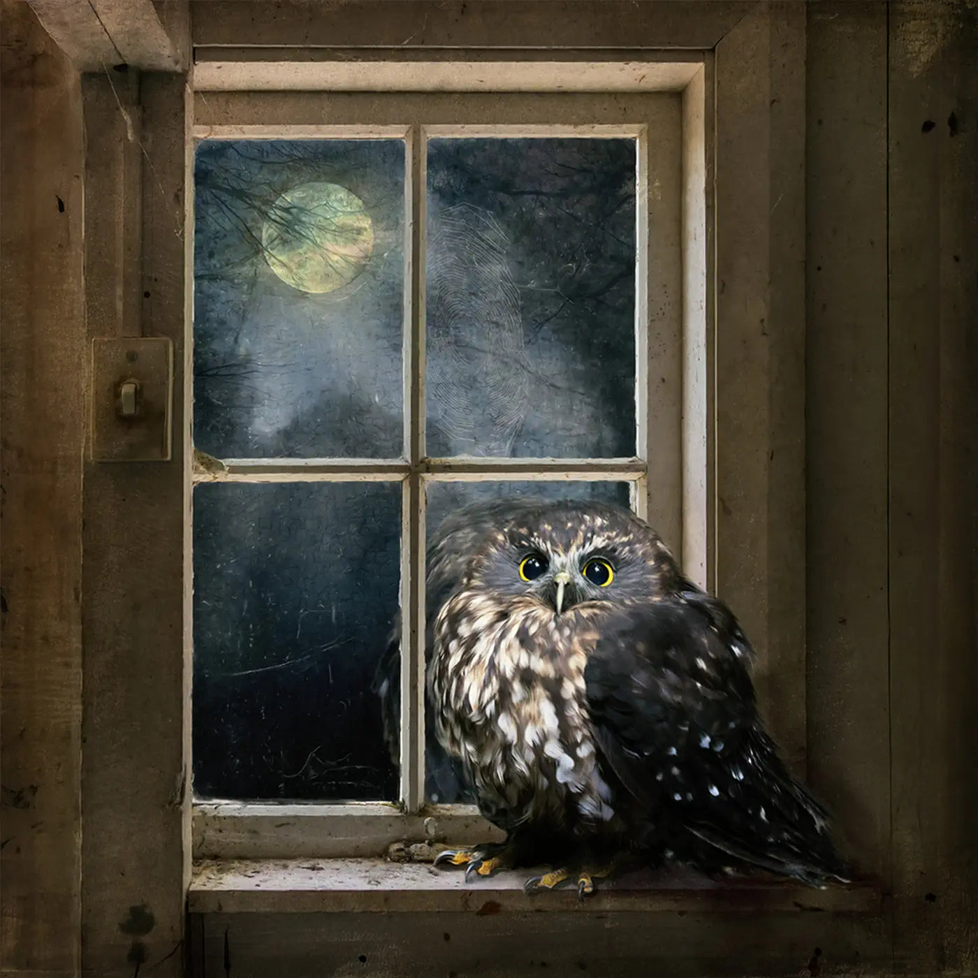 Painting of a ruru perched in front of a moonlit window