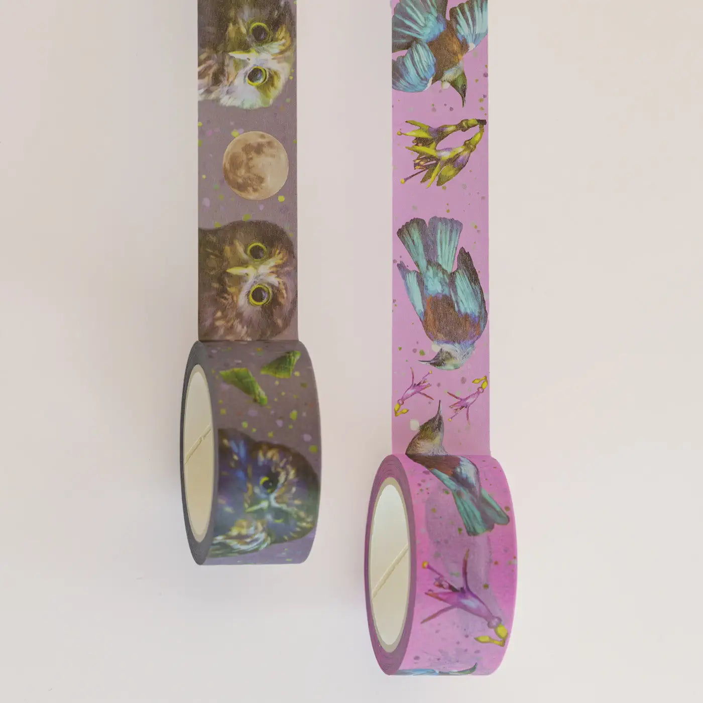 two rolls of washi tape with bird motifs