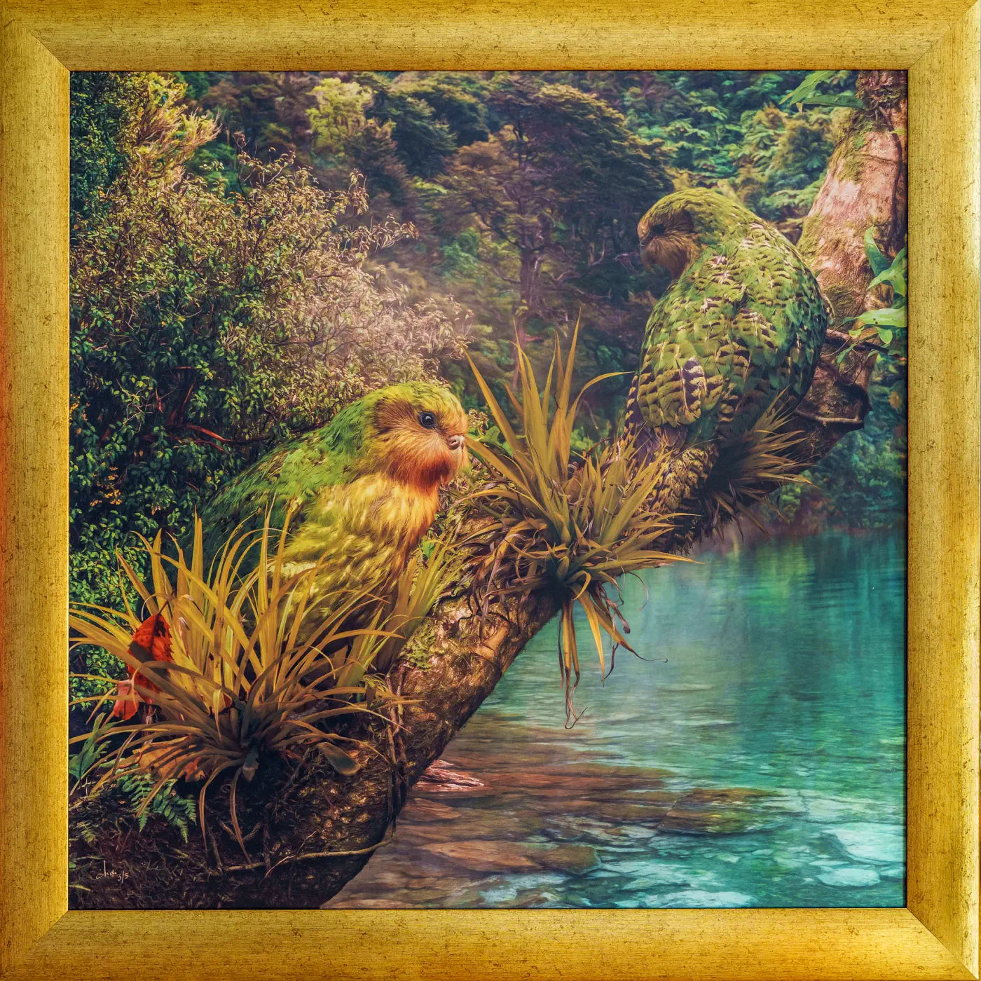 Gorgeous gold framed kakapo metal print
