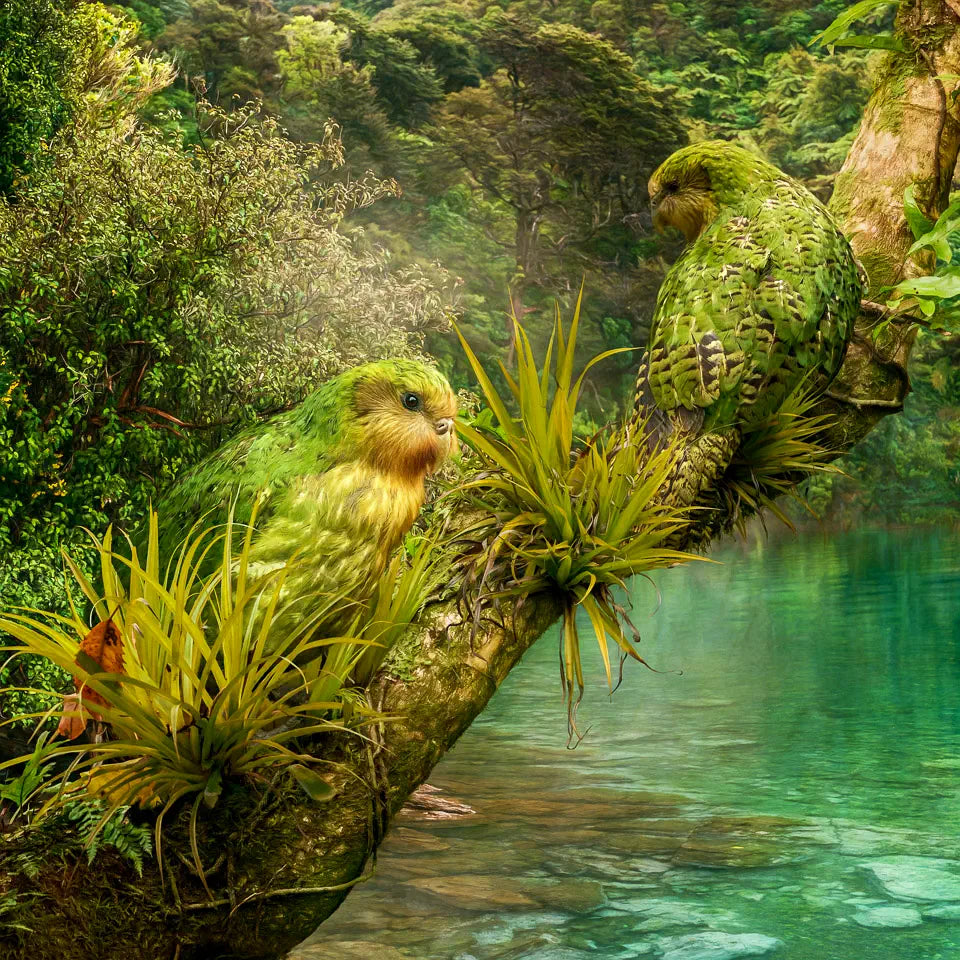 An artwork of two kākāpō on a branch overlooking bush and waterfront