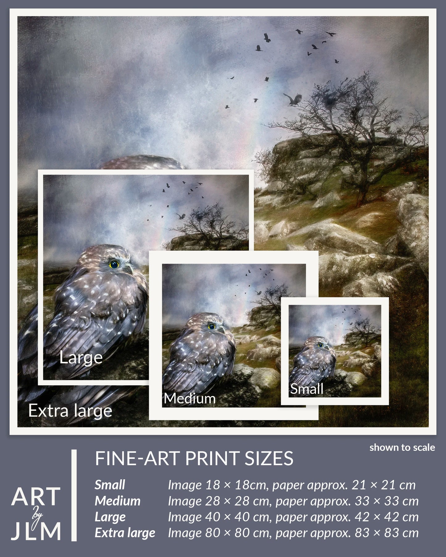 Fine-art print sizes of a nature scene with birds and trees, shown to scale.